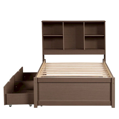 Modern Twin Size Bed Frame With Built-in USB Port on Bookcase Headboard and 2 Drawers for