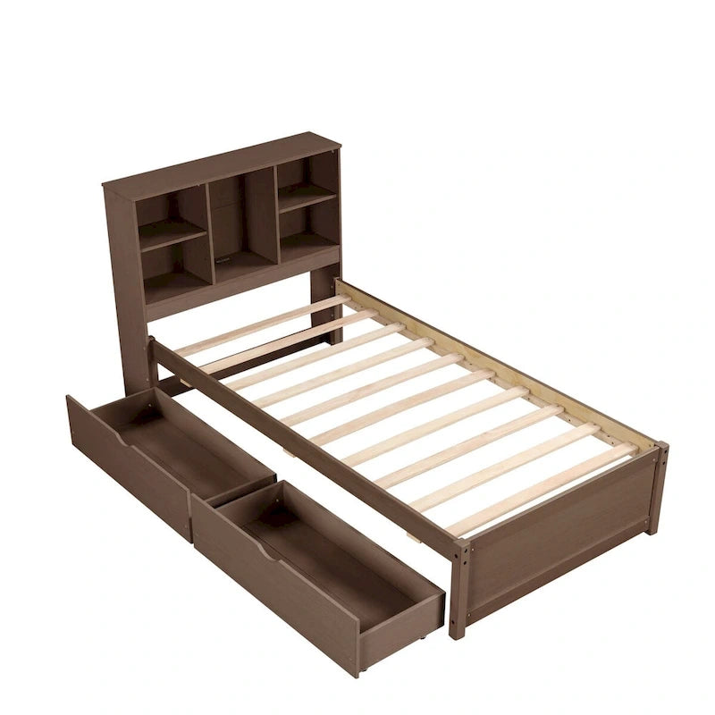 Modern Twin Size Bed Frame With Built-in USB Port on Bookcase Headboard and 2 Drawers for