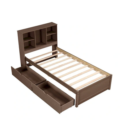 Modern Twin Size Bed Frame With Built-in USB Port on Bookcase Headboard and 2 Drawers for