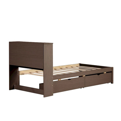 Modern Twin Size Bed Frame With Built-in USB Port on Bookcase Headboard and 2 Drawers for