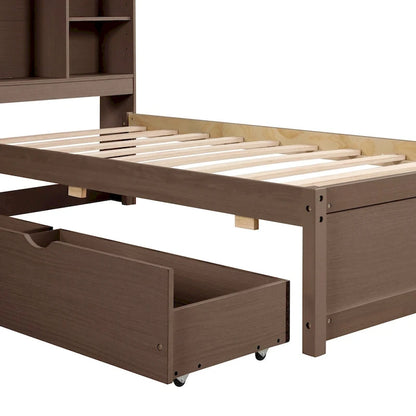 Modern Twin Size Bed Frame With Built-in USB Port on Bookcase Headboard and 2 Drawers for