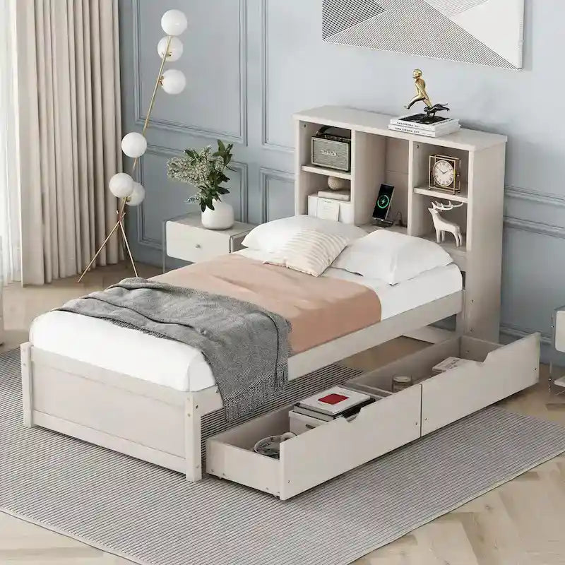 Modern Twin Size Bed Frame With Built-in USB Port on Bookcase Headboard and 2 Drawers for