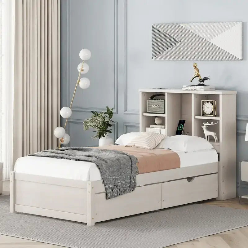 Modern Twin Size Bed Frame With Built-in USB Port on Bookcase Headboard and 2 Drawers for