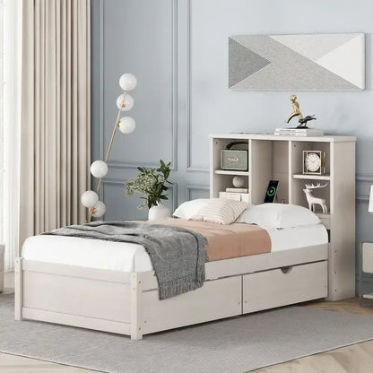 Modern Twin Size Bed Frame With Built-in USB Port on Bookcase Headboard and 2 Drawers for
