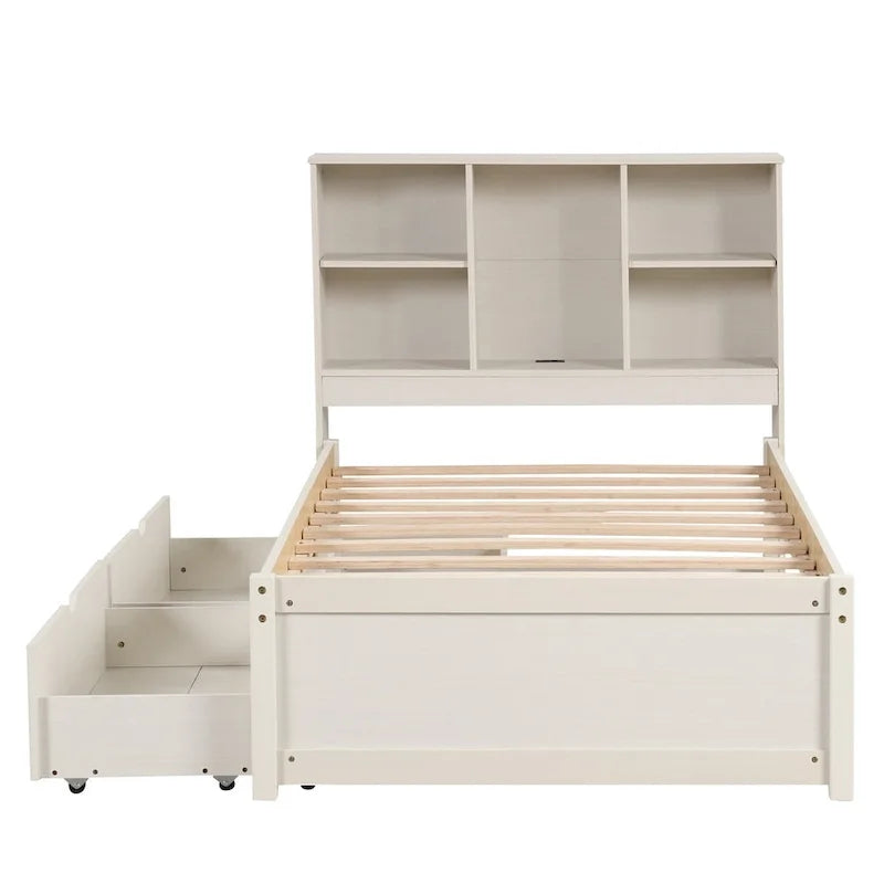 Modern Twin Size Bed Frame With Built-in USB Port on Bookcase Headboard and 2 Drawers for