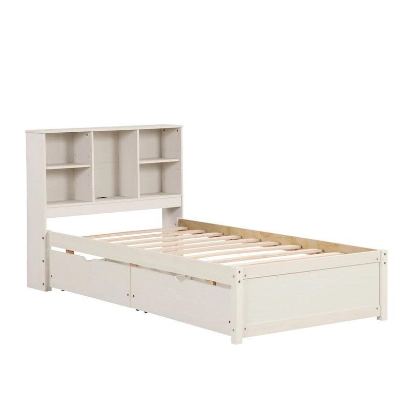 Modern Twin Size Bed Frame With Built-in USB Port on Bookcase Headboard and 2 Drawers for