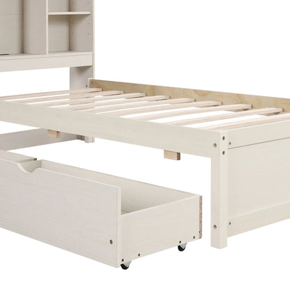 Modern Twin Size Bed Frame With Built-in USB Port on Bookcase Headboard and 2 Drawers for