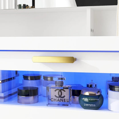 Stylish White Vanity Table with LED Lights, Mirrors, and Storage