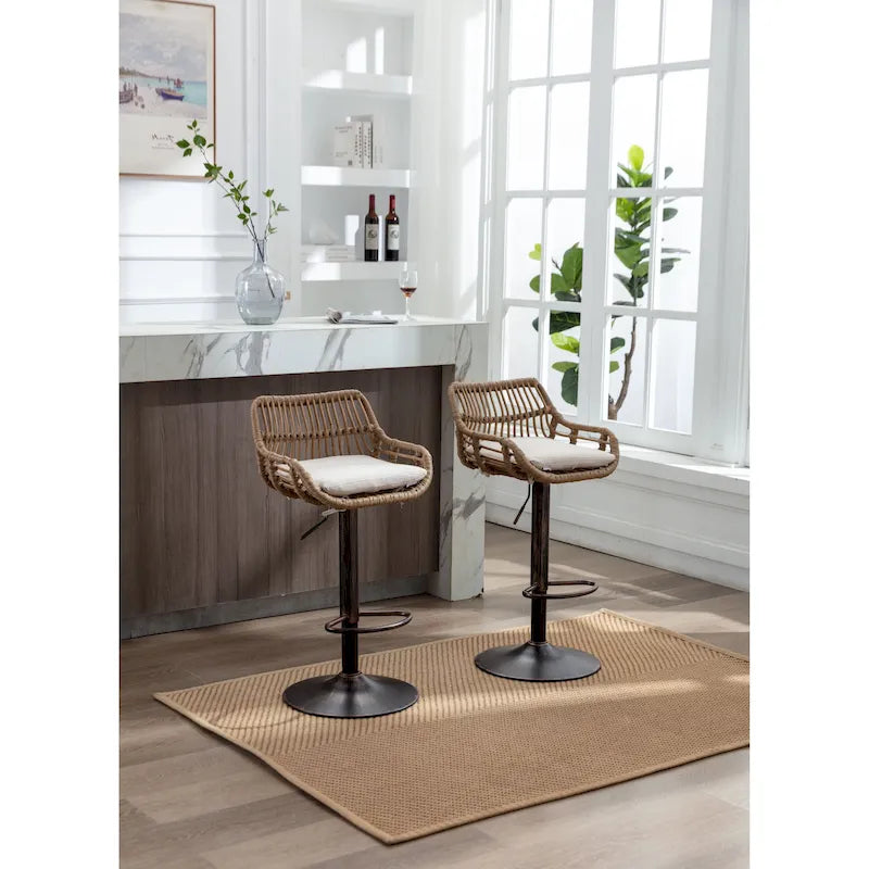 Set of 2 Swivel Upholstered Adjustable Counter Height Bar Stools With Footrest