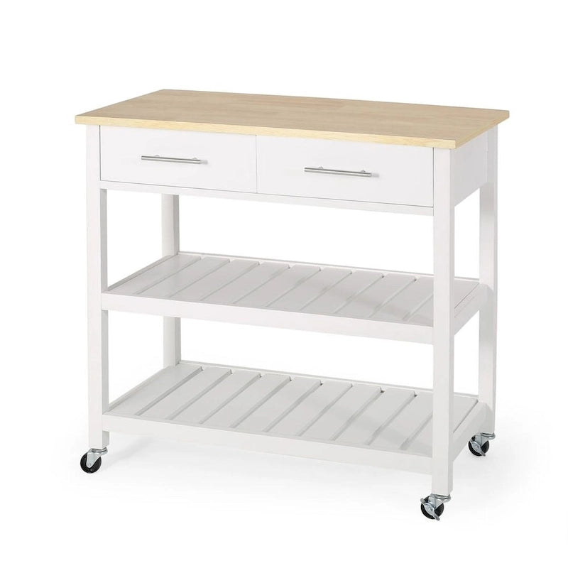 Modern White Wood Kitchen Cart with Wheels Drawers and Shelves by Christopher Knight Home