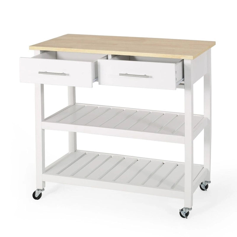 Modern White Wood Kitchen Cart with Wheels Drawers and Shelves by Christopher Knight Home