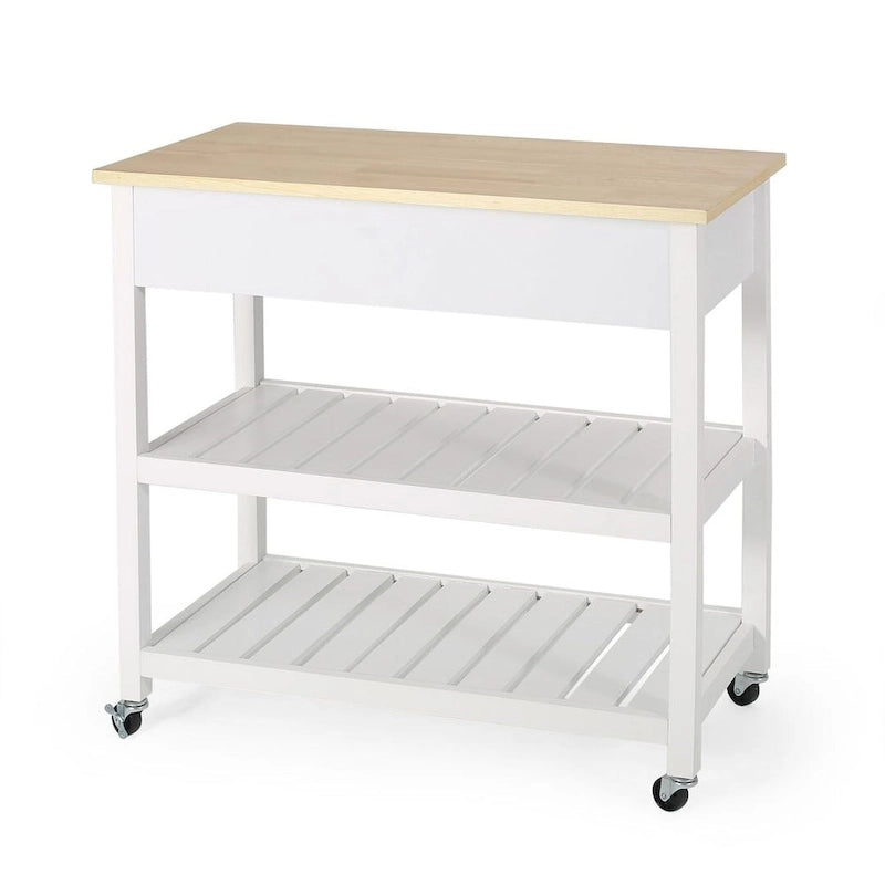 Modern White Wood Kitchen Cart with Wheels Drawers and Shelves by Christopher Knight Home