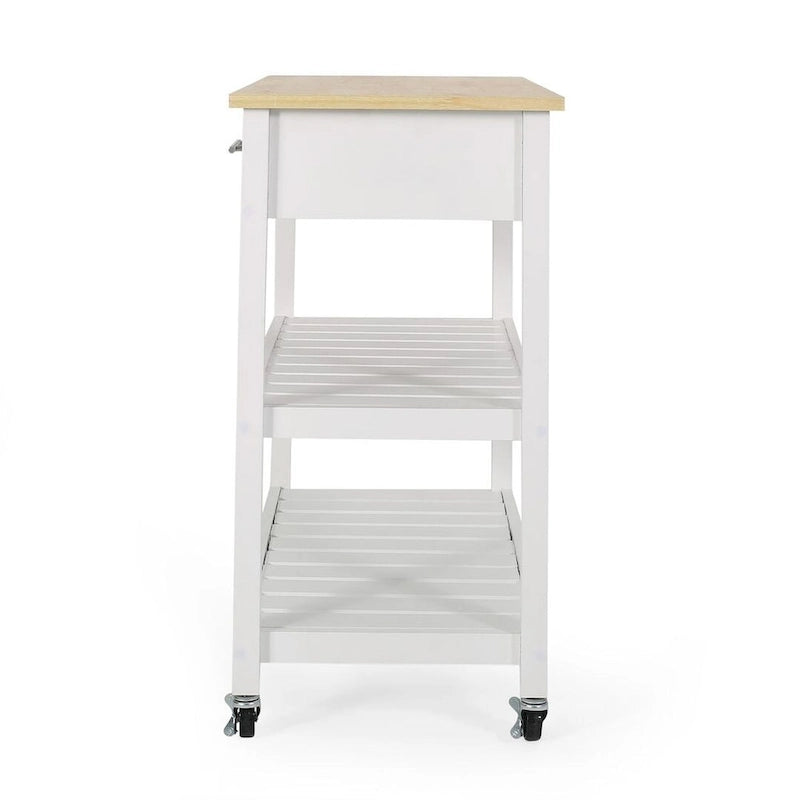 Modern White Wood Kitchen Cart with Wheels Drawers and Shelves by Christopher Knight Home