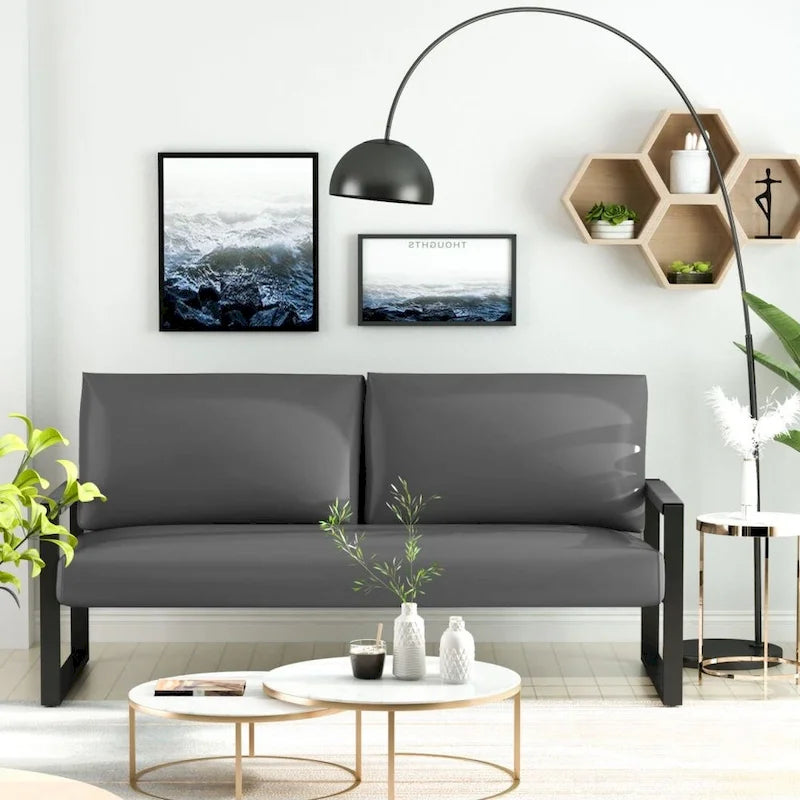 Mieres Mid-Century Style Faux Leather Loveseat Sofa with Steel Frame