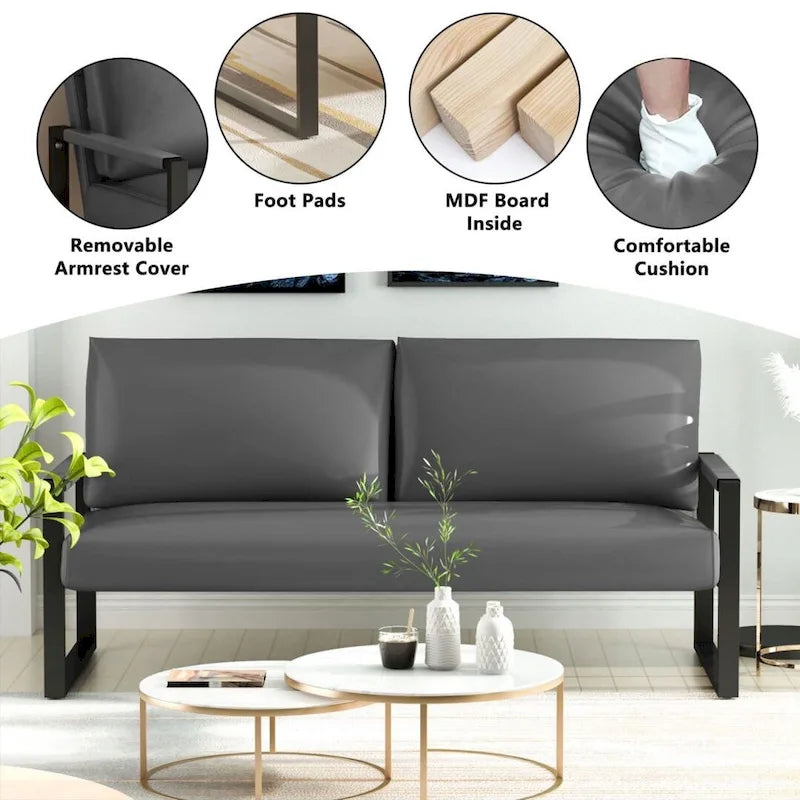 Mieres Mid-Century Style Faux Leather Loveseat Sofa with Steel Frame