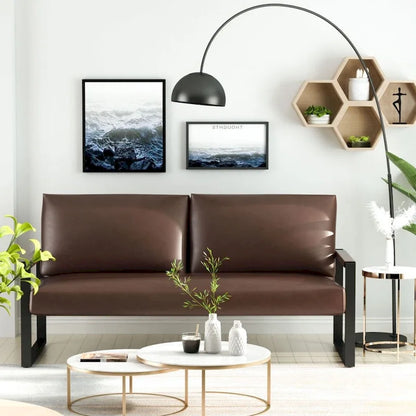 Mieres Mid-Century Style Faux Leather Loveseat Sofa with Steel Frame