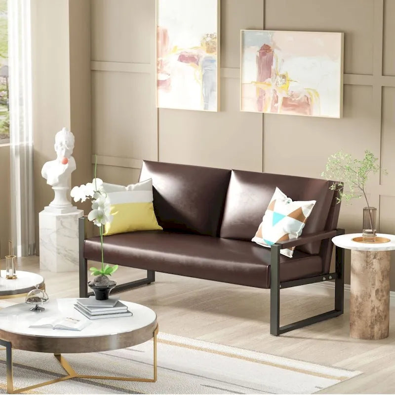 Mieres Mid-Century Style Faux Leather Loveseat Sofa with Steel Frame