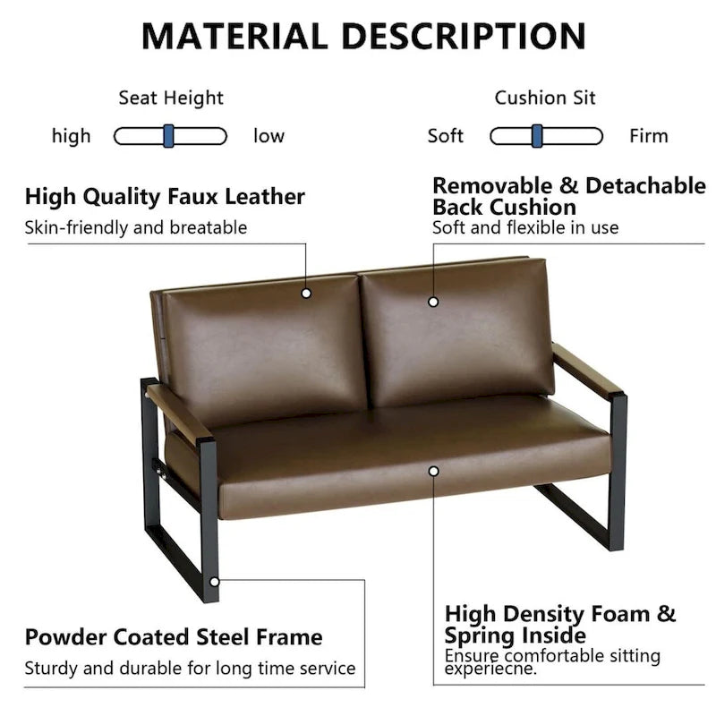 Mieres Mid-Century Style Faux Leather Loveseat Sofa with Steel Frame