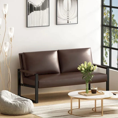 Mieres Mid-Century Style Faux Leather Loveseat Sofa with Steel Frame