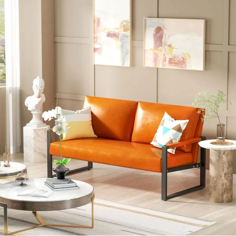 Mieres Mid-Century Style Faux Leather Loveseat Sofa with Steel Frame