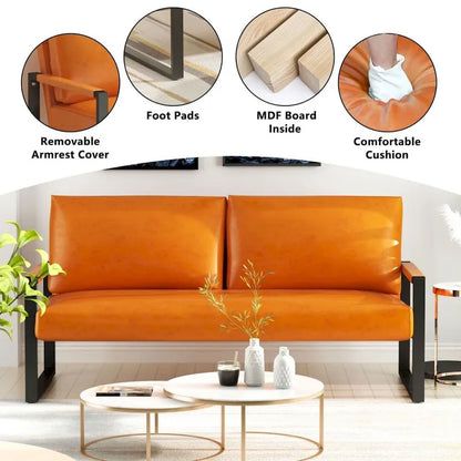 Mieres Mid-Century Style Faux Leather Loveseat Sofa with Steel Frame