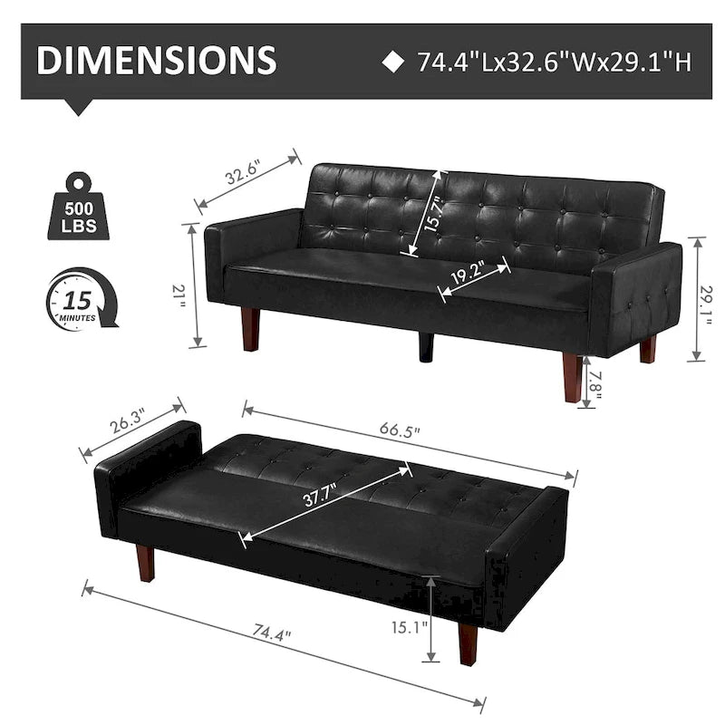 Sofa Bed, Futon Couch Bed, Faux Leather Love Seats Sofa, Loveseat Sleeper Bed For Living Room, Guest