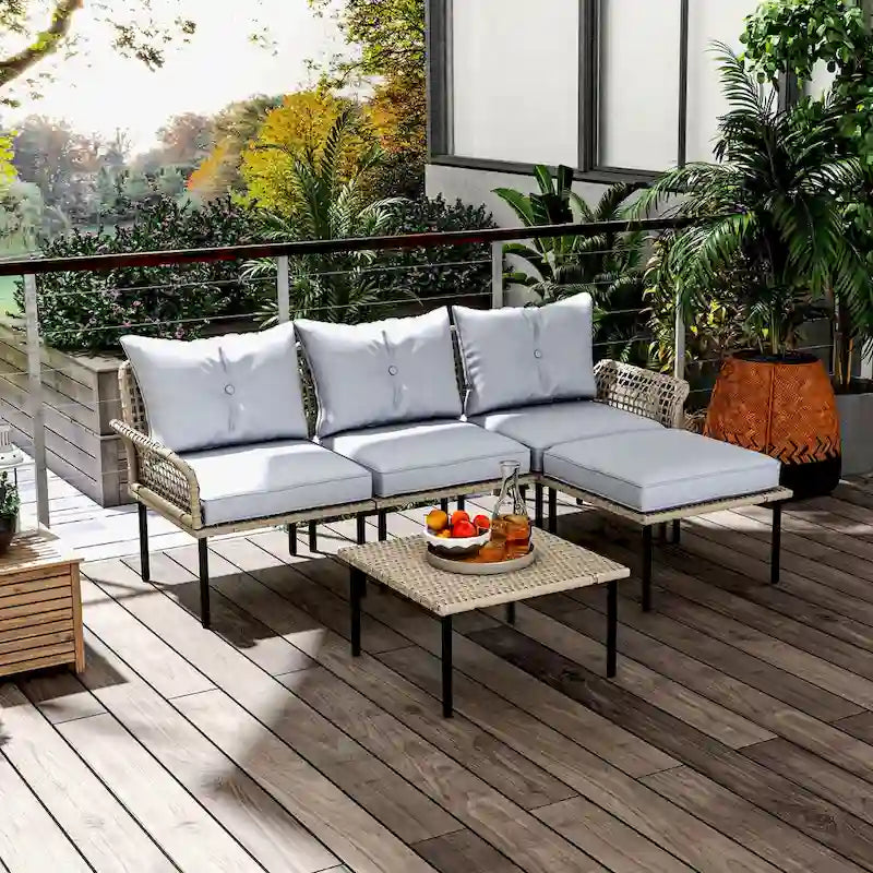 Outsunny 5 Piece Patio Furniture Set, Outdoor Conversation Set with L-Shaped Sofa, Cushions, for Backyard, Lawn and Pool
