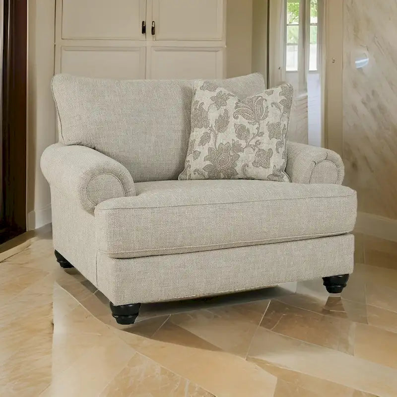 Asen 51 Inch Wide Oversized Chair, 1 Pillow, Rolled Arms, Beige Polyester