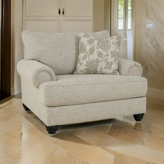 Asen 51 Inch Wide Oversized Chair, 1 Pillow, Rolled Arms, Beige Polyester