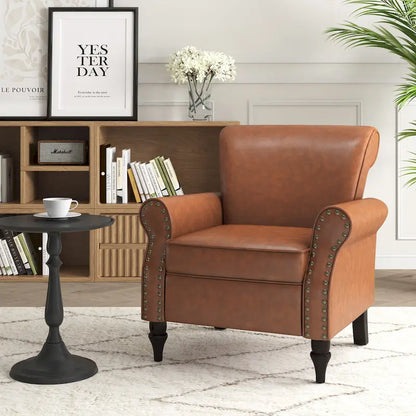 Rolled Armrests PU Accent Chair with Nailhead Trim