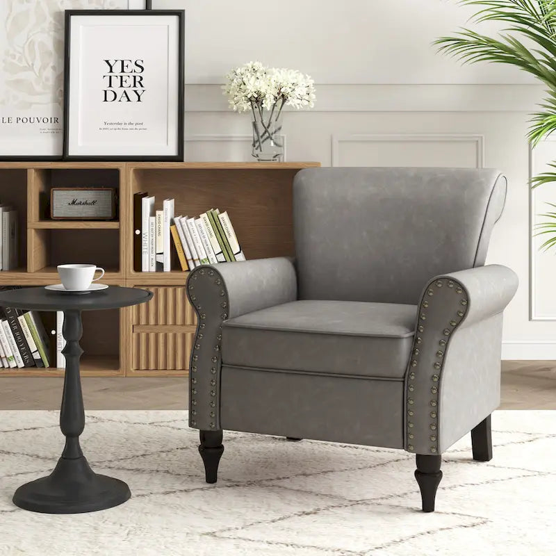 Rolled Armrests PU Accent Chair with Nailhead Trim