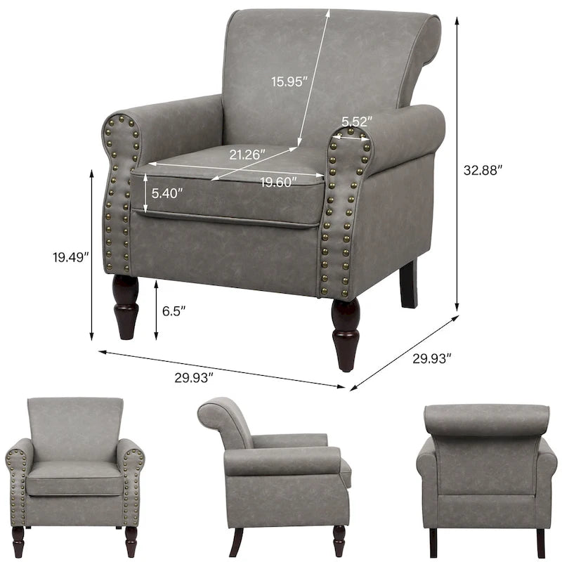 Rolled Armrests PU Accent Chair with Nailhead Trim