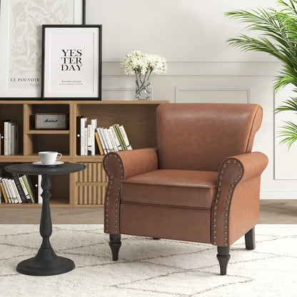 Rolled Armrests PU Accent Chair with Nailhead Trim