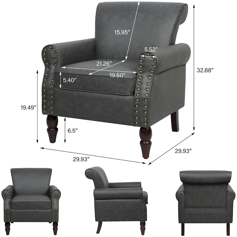 Rolled Armrests PU Accent Chair with Nailhead Trim