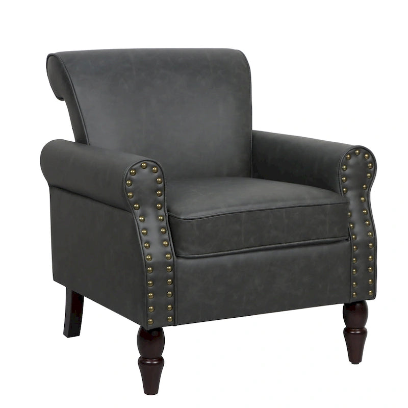 Rolled Armrests PU Accent Chair with Nailhead Trim