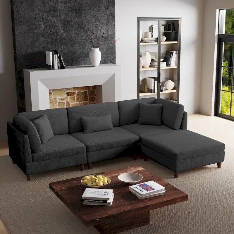 Corduroy Modular Sectional Sofa Set With Ottoman
