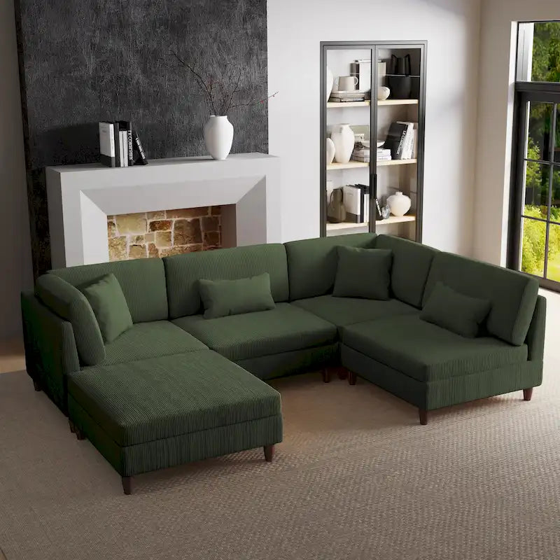 Corduroy Modular Sectional Sofa Set With Ottoman