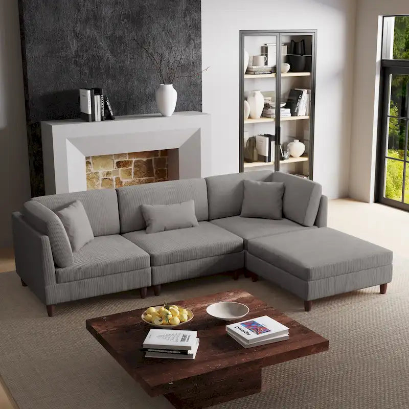 Corduroy Modular Sectional Sofa Set With Ottoman