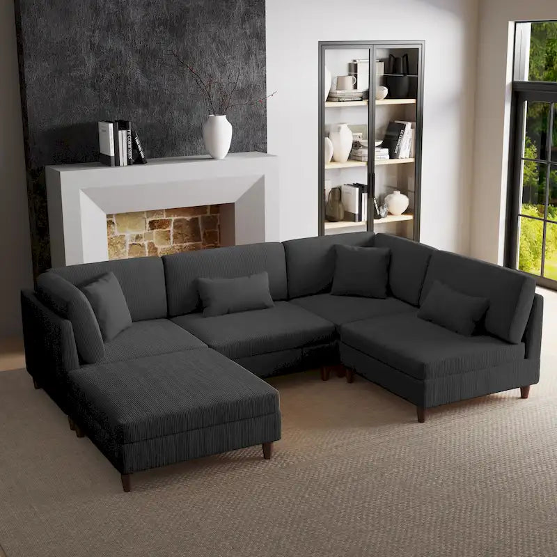 Corduroy Modular Sectional Sofa Set With Ottoman