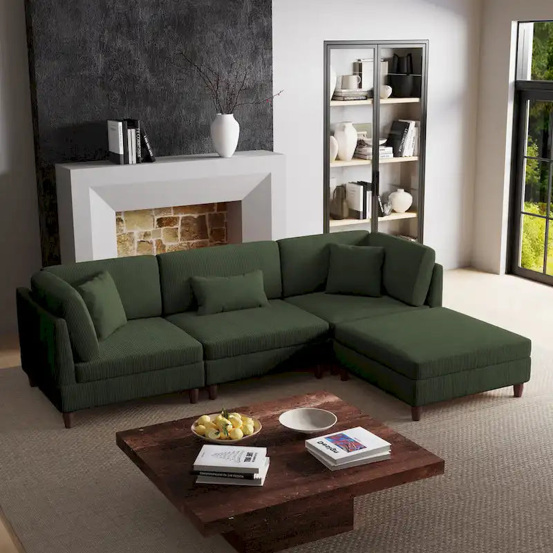 Corduroy Modular Sectional Sofa Set With Ottoman