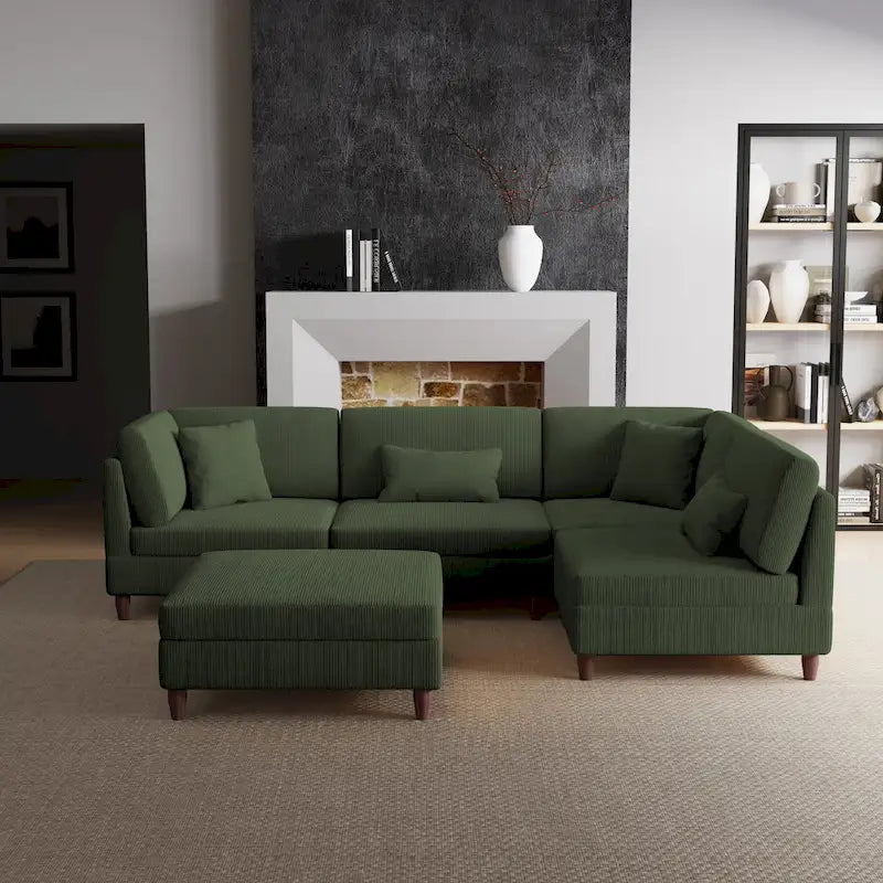 Corduroy Modular Sectional Sofa Set With Ottoman