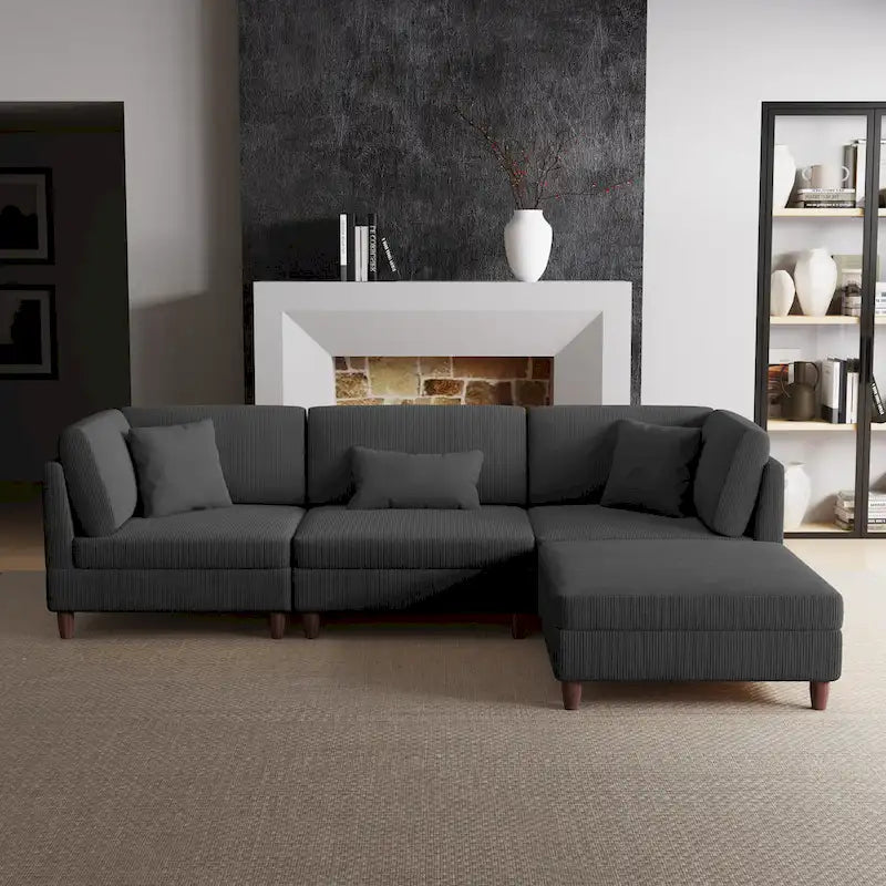 Corduroy Modular Sectional Sofa Set With Ottoman