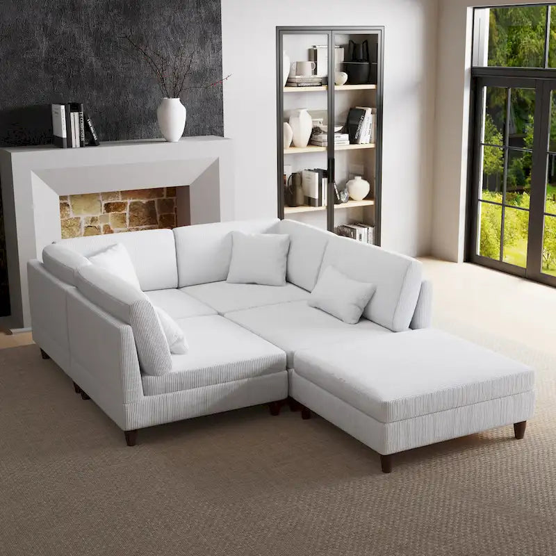 Corduroy Modular Sectional Sofa Set With Ottoman