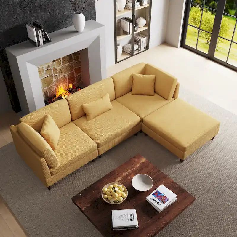 Corduroy Modular Sectional Sofa Set With Ottoman