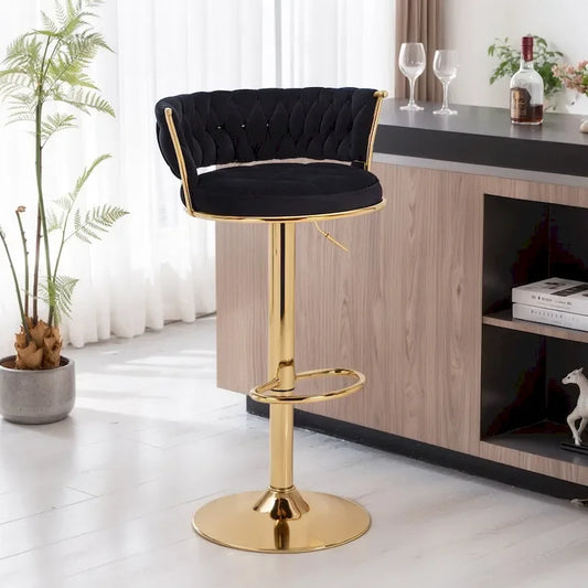 Javlergo Bar Stools Set of 4, Velvet Swivel Bar Stools, Adjustable Height Barstool with Woven Back & Footrest