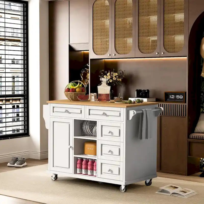 Roomfitters Kitchen Cart with Rubber wood Desktop - Rolling Mobile Kitchen Island with Storage and 5 Drawers, 53 Inch Length
