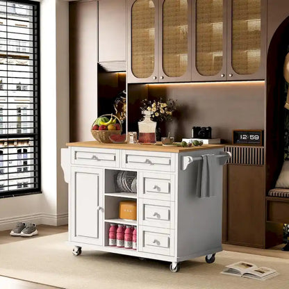 Roomfitters Kitchen Cart with Rubber wood Desktop - Rolling Mobile Kitchen Island with Storage and 5 Drawers, 53 Inch Length