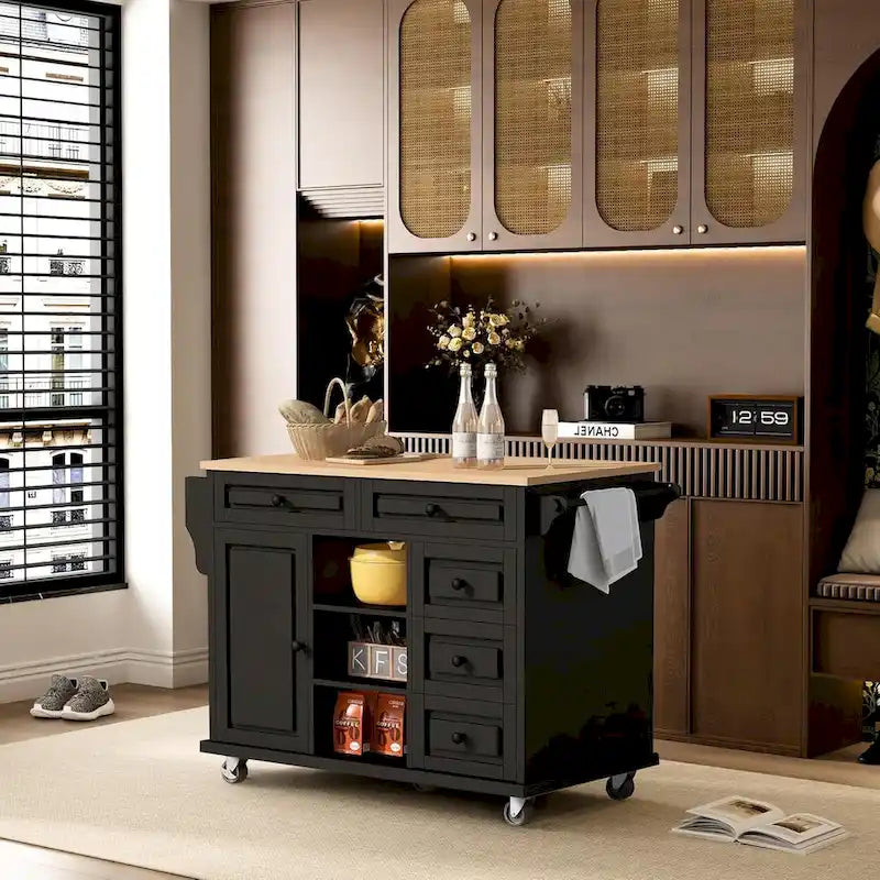 Roomfitters Kitchen Cart with Rubber wood Desktop - Rolling Mobile Kitchen Island with Storage and 5 Drawers, 53 Inch Length