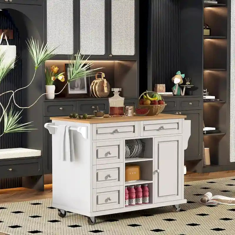 Roomfitters Kitchen Cart with Rubber wood Desktop - Rolling Mobile Kitchen Island with Storage and 5 Drawers, 53 Inch Length