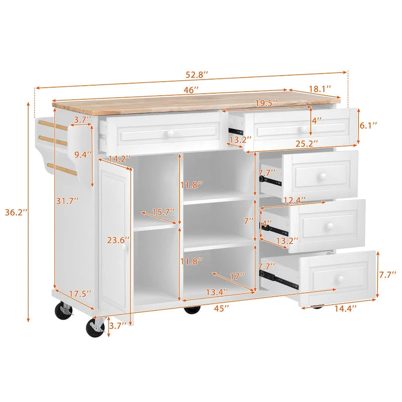 Roomfitters Kitchen Cart with Rubber wood Desktop - Rolling Mobile Kitchen Island with Storage and 5 Drawers, 53 Inch Length